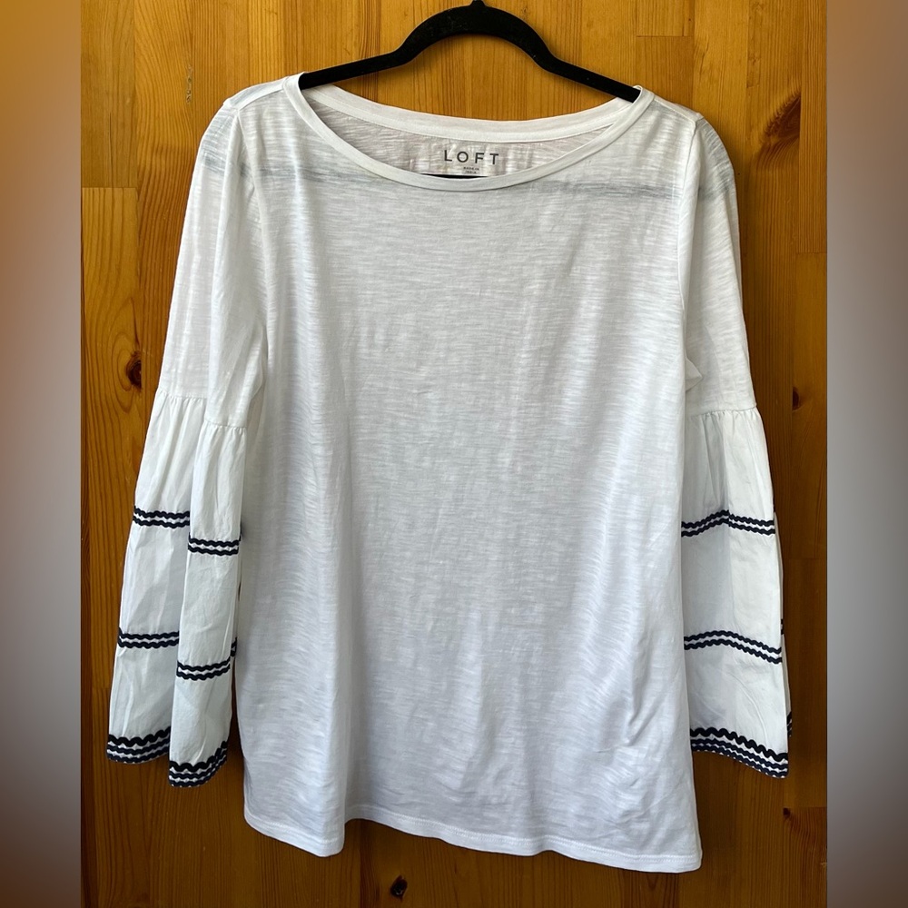 LOFT Women's White Long Ruffle Sleeve Navy Blue Trim Boat Neck T-Shirt - Size S